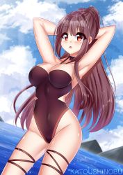 Rule 34 | 1girl, armpits, arms behind head, arms up, artist name, bare hips, black hair, black one-piece swimsuit, blue sky, braid, casual one-piece swimsuit, cloud, cowboy shot, crown braid, day, dutch angle, eyelashes, eyes visible through hair, girls&#039; frontline, highres, horizon, katou shinobu, long hair, mountain, ocean, official alternate costume, one-piece swimsuit, open mouth, outdoors, red eyes, sky, solo, standing, surprised, swimsuit, very long hair, wa2000 (girls&#039; frontline), wa2000 (op. manta ray) (girls&#039; frontline)