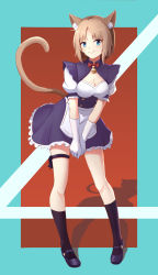 Rule 34 | 1girl, absurdres, animal ear fluff, animal ears, bell, black socks, blue eyes, breasts, brown hair, cat ears, cat girl, cat tail, cleavage, commentary, elbow gloves, english commentary, frilled skirt, frills, full body, gloves, highres, jingle bell, kneehighs, leaning forward, looking at viewer, medium breasts, mole, mole on breast, original, parted bangs, sdhjjjd, short hair, simple background, skirt, smile, socks, solo, standing, tail, thigh strap, white gloves