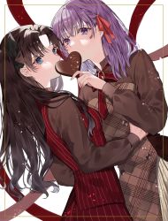 Rule 34 | 2girls, apron, black hair, black ribbon, blue eyes, brown shirt, candy, chocolate, chocolate heart, covered mouth, fate/stay night, fate (series), food, hair ribbon, heart, highres, holding, holding chocolate, holding food, hug, long hair, looking at viewer, looking to the side, matou sakura, multiple girls, purple eyes, purple hair, red ribbon, ribbon, shimatori (sanyyyy), shirt, siblings, sisters, tohsaka rin, twintails, valentine, white background