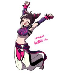 Rule 34 | 1girl, barefoot, belt, black hair, bracelet, breasts, detached sleeves, closed eyes, fang, feet, female focus, fingerless gloves, gloves, han juri, highres, jewelry, large breasts, multiple belts, pantyhose, pink pantyhose, short twintails, solo, spiked bracelet, spikes, street fighter, street fighter iv (series), toes, twintails