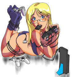 Rule 34 | 1girl, bdsm, blonde hair, blue eyes, bondage, bound, bra, cable, game console, glasses, lingerie, lowres, panties, playstation 2, plug, socks, solo, underwear, underwear only