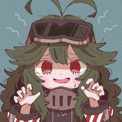 Rule 34 | 1girl, @ @, antenna hair, artist request, azur lane, blue background, blush, blush stickers, bodysuit, breasts, dark green hair, diving mask, diving mask on head, diving suit, goggles, goggles on head, hair between eyes, long hair, looking at viewer, open mouth, simple background, smile, solo, sweat, torricelli (azur lane), upper body, wetsuit