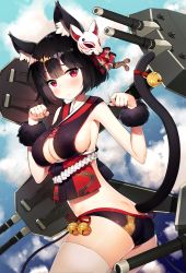 Rule 34 | 1girl, adapted costume, animal ears, ass, ayami, azur lane, bell, black hair, black panties, blush, breasts, cat ears, cat tail, cleavage, closed mouth, cloud, cowboy shot, day, dimples of venus, fox mask, from side, hair ornament, highres, jingle bell, large breasts, looking at viewer, machinery, mask, outdoors, panties, paw pose, red eyes, short hair, sideboob, sky, solo, standing, tail, tail bell, tail ornament, thighhighs, underwear, yamashiro (azur lane)