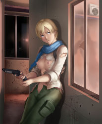 Rule 34 | 1girl, against wall, blonde hair, blue eyes, blush, breasts, female focus, gun, highres, holster, large breasts, legs, looking away, navel, nipples, no bra, pocket, resident evil, resident evil 2, resident evil 6, scarf, serious, sherry birkin, short hair, solo, standing, thighs, thor (deep rising), torn clothes, unzipped, very short hair, weapon, window