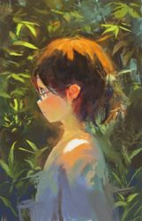 Rule 34 | 1girl, brown hair, closed mouth, dappled sunlight, day, fjsmu, from side, glasses, highres, leaf, looking to the side, original, outdoors, plant, profile, shirt, short hair, solo, sunlight, upper body, white shirt