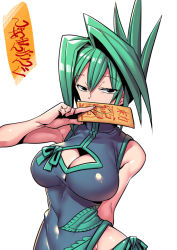 Rule 34 | 1girl, bare arms, black eyes, breasts, china dress, chinese clothes, cleavage, cleavage cutout, clothing cutout, covered navel, dress, green hair, hair between eyes, impossible clothes, impossible dress, large breasts, looking at viewer, ofuda, shaman king, simple background, skin tight, solo, talisman, tao jun, tukiwani, white background