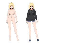 Rule 34 | black hoodie, blonde hair, breasts, brown eyes, character sheet, closed mouth, commentary, completely nude, denim, denim shorts, female pubic hair, full body, hall onon, hood, hoodie, long sleeves, looking at viewer, medium breasts, navel, nude, original, pubic hair, shorts, swept bangs, white background, yarei himi (hall onon)