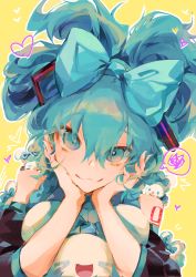 Rule 34 | 1girl, :3, absurdres, blue eyes, blue hair, blush, bow, cinnamiku, cinnamoroll, creature, creature on shoulder, detached sleeves, hair bow, hair ornament, hands on own cheeks, hands on own face, hatsune miku, highres, long hair, looking at viewer, machi mile00, on shoulder, sanrio, smile, solo focus, speech bubble, spoken squiggle, squiggle, tied ears, updo, vocaloid