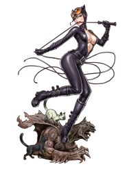 Rule 34 | 1girl, animal ears, animification, batman, batman (series), belt, black hair, bodysuit, boots, breasts, cape, cat, catwoman, center opening, claws, cleavage, clenched teeth, collar, dc comics, fake animal ears, full-length zipper, gargoyle, gloves, goggles, goggles on head, green eyes, high heels, highres, hood, knee boots, large breasts, leg lift, lipstick, looking at viewer, makeup, mouth hold, muscular, naughty face, no bra, open clothes, open mouth, platform footwear, selina kyle, shoes, simple background, skin tight, solo, standing, standing on one leg, statue, strap, superhero costume, teeth, tongue, torn clothes, unzipped, weapon, whip, yamashita shun&#039;ya, zipp, zipper