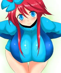 Rule 34 | 10s, bent over, blue eyes, blush, breasts, creatures (company), game freak, gym leader, hair ornament, han (jackpot), huge breasts, large breasts, leaning forward, long hair, nintendo, pokemon, pokemon bw, red hair, shorts, skyla (pokemon), smile