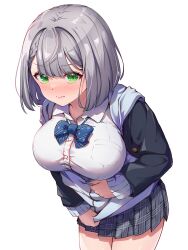 1girl absurdres black_jacket blazer blue_bow blue_bowtie blue_jacket blush bow bowtie braid braided_bangs breast_pocket breasts closed_mouth collared_shirt cowboy_shot dress_shirt green_eyes grey_hair grey_skirt highres hololive inconvenient_breasts jacket large_breasts leaning_forward long_sleeves looking_at_viewer medium_hair official_alternate_costume official_alternate_hairstyle plaid_clothes plaid_skirt pleated_skirt pocket school_uniform shirogane_noel shirogane_noel_(school_uniform) shirt simple_background skirt solo standing striped_bow striped_bowtie striped_clothes tmo-cat virtual_youtuber wavy_mouth white_background white_shirt