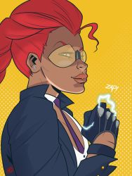 Rule 34 | 1girl, between breasts, braid, breasts, cleavage, clenched hand, coat, crimson viper, dark-skinned female, dark skin, earrings, electricity, english text, formal, gloves, green eyes, highres, jewelry, lips, long braid, mature female, meechdoodle, necktie, necktie between breasts, open clothes, open coat, pant suit, pants, pompadour, ponytail, popped collar, red hair, safety glasses, simple background, single braid, smile, solo, street fighter, suit, sunglasses, tinted eyewear, yellow-tinted eyewear
