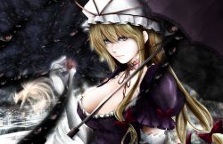 Rule 34 | 1girl, amaseu (be bunny), blonde hair, breasts, choker, cityscape, cleavage, commentary request, dress, elbow gloves, expressionless, eyeball, gap (touhou), gloves, hair between eyes, hat, hat ribbon, highres, holding, holding umbrella, kitsune, kubrick stare, lace, lace choker, large breasts, lips, long hair, looking at viewer, low-tied long hair, mob cap, moon, purple dress, purple eyes, ribbon, solo, touhou, umbrella, upper body, white gloves, yakumo yukari