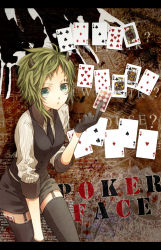 Rule 34 | 1girl, blue eyes, card, facepaint, floating card, formal, garter straps, gloves, green hair, gumi, highres, holding, holding card, horns, necktie, poker face (vocaloid), short hair, sleeves pushed up, solo, suit, thighhighs, too mizuguchi, vocaloid