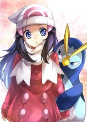 Rule 34 | 1girl, black hair, blue eyes, coat, coat dress, creatures (company), dawn (pokemon), dress, game freak, gen 4 pokemon, hat, highres, long hair, long sleeves, looking at viewer, nintendo, open mouth, poke ball print, pokemon, pokemon (creature), pokemon dppt, prinplup, print headwear, red coat, red dress, scarf, short dress, sleeves past wrists, solo, standing, triangle mouth, white hat, white scarf, yomogi (black-elf)