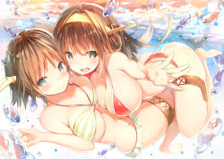 Rule 34 | 10s, 2girls, arched back, ass, barefoot, bikini, blush, breast press, breasts, brown eyes, brown hair, closed mouth, commentary request, double bun, frilled bikini, frills, hair bun, hair intakes, halterneck, headgear, hiei (kancolle), kantai collection, kongou (kancolle), large breasts, long hair, looking at viewer, medium breasts, multiple girls, outstretched arm, red bikini, short hair, striped bikini, striped clothes, sune (mugendai), swimsuit, thigh strap, water drop