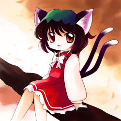 Rule 34 | 1girl, animal ears, brown eyes, brown hair, cat ears, cat girl, cat tail, chen, chibi, child, fangs, female focus, highres, looking at viewer, multiple tails, open mouth, short hair, sitting, smile, solo, tail, touhou, yume shokunin