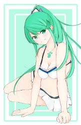 Rule 34 | 1girl, absurdres, bikini, blush, breasts, cleavage, gem, green background, green eyes, green hair, hair ornament, head tilt, headpiece, highres, jewelry, large breasts, long hair, looking at viewer, mxsoundtube, neon trim, nintendo, pneuma (xenoblade), ponytail, simple background, smile, solo, split mouth, spoilers, swept bangs, swimsuit, tiara, white background, white bikini, xenoblade chronicles (series), xenoblade chronicles 2