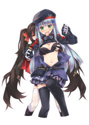 Rule 34 | 2girls, beret, black bra, black legwear, blush, bra, breasts, brown hair, cape, cleavage, clothes pull, commentary request, cross, embarrassed, facepaint, fingerless gloves, from behind, german flag, girls&#039; frontline, gloves, grabbing, grabbing another&#039;s breast, green eyes, hair ornament, hair ribbon, hairclip, hat, highres, hk416 (girls&#039; frontline), iron cross, jacket, jacket pull, leg up, long hair, looking down, medium breasts, midriff, military jacket, miniskirt, multiple girls, navel, plaid, plaid skirt, pleated skirt, red ribbon, ribbon, silver hair, simelu, skirt, surprised, teardrop, thighhighs, twintails, type 97 (girls&#039; frontline), underwear, very long hair, white legwear, yellow eyes, yuri