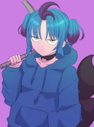 Rule 34 | 1girl, absurdres, antenna hair, black choker, black tail, blue hair, blue hoodie, choker, closed mouth, collarbone, depresso, drawstring, frown, grey eyes, hand in pocket, hand up, highres, holding, holding pickaxe, hood, hood down, hoodie, long sleeves, monochi mochi, multicolored hair, palworld, pickaxe, purple background, purple hair, short hair, simple background, solo, tail, two-tone hair, two side up