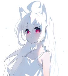 Rule 34 | 1girl, ahoge, animal ears, closed mouth, collarbone, dress, fang, flat chest, highres, long hair, looking at viewer, meito (maze), original, red eyes, simple background, skin fang, sleeveless, sleeveless dress, solo, upper body, white background, white dress, white hair