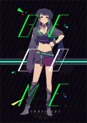 Rule 34 | 1girl, belt, black background, black footwear, black hair, black jacket, black ribbon, black tube top, blue belt, blunt bangs, blush, boots, breasts, brown eyes, cleavage, clenched hand, closed mouth, full body, hand on own hip, idolmaster, idolmaster shiny colors, jacket, jacket on shoulders, knee boots, long hair, long sleeves, looking at viewer, mayuzumi fuyuko, medium breasts, midriff, miniskirt, navel, neck ribbon, purple skirt, purple wristband, ribbon, skirt, sohin, solo, standing, strapless, tube top, two side up