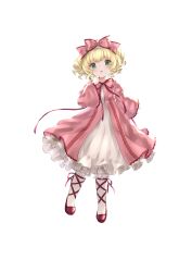 Rule 34 | 1girl, absurdres, blonde hair, bow, dress, drill hair, drill sidelocks, full body, green eyes, hair bow, highres, hinaichigo, looking at viewer, majinno, open mouth, pink bow, pink dress, rozen maiden, short hair, sidelocks, simple background, socks, solo, white background, white socks