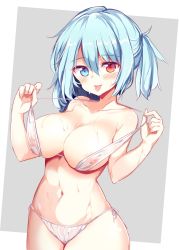 Rule 34 | 1girl, :p, alternate hairstyle, areola slip, bare shoulders, bikini, blue eyes, blue hair, blush, breasts, collarbone, commentary request, cowboy shot, grey background, groin, hair between eyes, half updo, halterneck, hands up, head tilt, heterochromia, highres, large breasts, looking at viewer, maturiuta sorato, navel, nipples, red eyes, see-through, short hair, side-tie bikini bottom, simple background, solo, standing, stomach, strap pull, swimsuit, tatara kogasa, tongue, tongue out, touhou, wet, white bikini