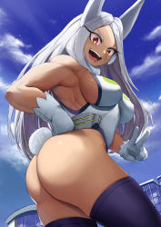 Rule 34 | 1girl, :d, absurdres, animal ears, armpit crease, ass, bare shoulders, boku no hero academia, breasts, crescent print, dark-skinned female, dark skin, fur collar, gloves, hand on own hip, highleg, highleg leotard, highres, huge ass, large breasts, leotard, long eyelashes, long hair, looking at viewer, mirko, muscular, muscular female, open mouth, outdoors, parted bangs, pecopecoro, purple thighhighs, rabbit ears, rabbit girl, rabbit tail, red eyes, sideboob, sky, sleeveless turtleneck leotard, smile, solo, tail, taut leotard, teeth, thick thighs, thighhighs, thighs, twisted torso, v, white gloves, white hair, white leotard