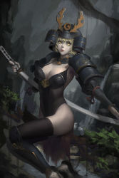 Rule 34 | 1girl, armor, blonde hair, branch, cleavage cutout, clothing cutout, gorget, greaves, helmet, japanese armor, kabuto (helmet), katana, lipstick, looking to the side, makeup, mask shounen, pale skin, pauldrons, sandals, short hair, shoulder armor, solo, sword, thighhighs, tree, water, waterfall, weapon, yellow eyes
