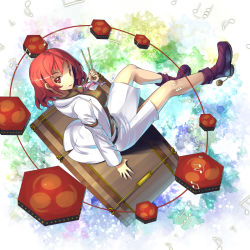 Rule 34 | 1girl, beamed quavers, breasts, crotchet rest, drum, drum set, drumsticks, horikawa raiko, instrument, jacket, large breasts, looking at viewer, musical note, open clothes, open jacket, quaver, quaver rest, red eyes, red hair, shirt, sitting, sitting on drum, skirt, skirt set, solo, taiko drum, touhou, umigarasu (kitsune1963)