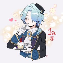 Rule 34 | 1boy, :3, ^ ^, ascot, black bow, black hat, black jacket, blue hair, blue vest, blush, bow, brooch, cake, closed eyes, closed mouth, cm (tenji1352), collared shirt, colored eyelashes, commentary request, cropped torso, eating, flower, food, food on face, fork, gloves, hair bow, hair intakes, hair over one eye, hair over shoulder, half gloves, hand up, hat, heart, holding, holding fork, holding plate, honkai: star rail, honkai (series), jacket, jewelry, korean commentary, lapels, long hair, long sleeves, low ponytail, male focus, misha (honkai: star rail), one eye covered, open clothes, open jacket, parted bangs, petals, plate, ponytail, shirt, simple background, smile, solo, tilted headwear, upper body, utensil in mouth, vest, white ascot, white background, white gloves, white shirt, wide sleeves, yellow flower