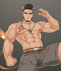 Rule 34 | 1boy, abs, alca (wakatanka4), animal ears, bara, bare arms, beard, black hair, chest tattoo, creature, facial hair, grey shorts, gyee, highres, jacket, jewelry, lion boy, lion ears, lion tail, male focus, mature male, muscular, muscular male, navel, necklace, nipples, open clothes, open jacket, original, pectorals, renjc, shorts, sleeveless, sleeveless jacket, solo, stomach, tail, tattoo, thick eyebrows, topless male, undercut