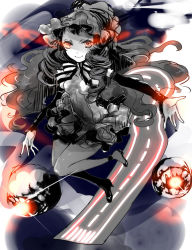 Rule 34 | 10s, 1girl, abyssal ship, black hair, dress, gothic lolita, isolated island oni, kafunshou, kantai collection, lolita fashion, long hair, looking at viewer, pale skin, red eyes, runway, smile, solo