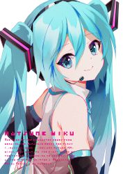 Rule 34 | 1girl, :&gt;, aqua eyes, aqua hair, bare shoulders, black sleeves, character name, commentary, date pun, detached sleeves, from side, grey shirt, hair ornament, hand on own hip, hatsune miku, headphones, headset, highres, long hair, looking at viewer, looking to the side, neck ribbon, necktie, number pun, ribbon, shirt, sleeveless, sleeveless shirt, smile, solo, takepon1123, twintails, twintails day, upper body, very long hair, vocaloid, white background