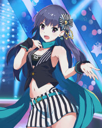 Rule 34 | 10s, 1girl, belt, contrapposto, cowboy shot, gem, hair ornament, long hair, maki erika, midriff, navel, official art, pearl (gemstone), purple eyes, purple hair, scarf, skirt, solo, stage, standing, star (symbol), striped clothes, striped skirt, vertical-striped clothes, vertical-striped skirt, wake up girls!, wake up girls! stage no tenshi