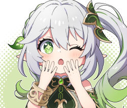 1girl :o absurdres bare_shoulders blush cross-shaped_pupils dotted_background dress genshin_impact gradient_hair green_background green_eyes green_hair green_sleeves hair_between_eyes hair_ornament half_crown_braid hands_on_own_face highres leaf_hair_ornament looking_at_viewer miz_(mizillustration) multicolored_hair nahida_(genshin_impact) one_eye_closed open_mouth outline pointy_ears side_ponytail solo symbol-shaped_pupils two-tone_background upper_body white_background white_dress white_hair white_outline