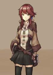 Rule 34 | 1girl, bad id, bad pixiv id, belt pouch, black gloves, black thighhighs, brown background, coat, cowboy shot, cropped jacket, earrings, expressionless, gloves, green eyes, hand on own hip, highres, jewelry, original, pouch, red hair, short hair, short hair with long locks, sidelocks, skirt, solo, sy-l-via, thighhighs