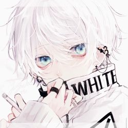 Rule 34 | 1boy, blue eyes, cigarette, covering own mouth, ear piercing, earrings, highres, holding, holding cigarette, jacket, jewelry, looking at viewer, male focus, myuhuaki, original, piercing, ring, short hair, simple background, solo, upper body, white background, white hair, white jacket