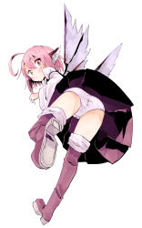 1girl ahoge animal_ears ass bent_over bird_wings blush boots female_focus from_behind from_below full_body kuroneko_no_toorimichi long_sleeves looking_at_viewer looking_back mystia_lorelei panties pantyshot pink_eyes pink_hair polka_dot polka_dot_panties puffy_sleeves shirt short_hair simple_background skirt solo sweatdrop thigh_boots thighhighs touhou underwear upskirt white_background wide_sleeves wings