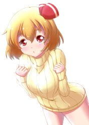 Rule 34 | 1girl, banderasu, blonde hair, blush, bottomless, breasts, breasts squeezed together, female focus, hair ribbon, highres, looking at viewer, naked sweater, no pants, red eyes, ribbed sweater, ribbon, rumia, short hair, simple background, solo, sweater, touhou