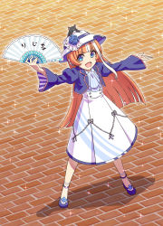 Rule 34 | 1girl, akikawa yayoi (umamusume), animal, animal on head, ascot, blue eyes, blue flower, blue footwear, blue jacket, blue rose, blue shirt, blunt bangs, bucket hat, cat, cropped jacket, fang, flower, folding fan, full body, hand fan, hat, hat flower, high-waist skirt, highres, holding, holding fan, jacket, jakasu, long hair, long sleeves, looking at viewer, mary janes, multicolored hair, on head, open mouth, orange hair, outdoors, outstretched arms, rose, shadow, shirt, shirt tucked in, shoes, skin fang, skirt, smile, socks, solo, sparkle, spread arms, standing, streaked hair, umamusume, white hat, white skirt