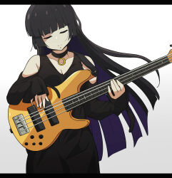 Rule 34 | 1girl, absurdres, bass guitar, black choker, black dress, black hair, bocchi the rock!, breasts, chin piercing, choker, cleavage, colored inner hair, commentary, dress, goumonsha, highres, hime cut, instrument, letterboxed, long sleeves, medium breasts, multicolored hair, music, pa-san, playing instrument, purple hair, solo, symbol-only commentary, two-tone hair, white background