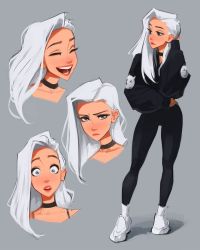Rule 34 | 1girl, black choker, choker, closed mouth, collarbone, full body, hand up, highres, laughing, lips, long hair, long sleeves, open mouth, parted lips, sam yang, standing, white hair