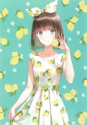 Rule 34 | 1girl, :q, absurdres, aqua background, aqua eyes, arm at side, blue eyes, bob cut, bow, brown hair, character request, collarbone, cowboy shot, dot nose, dress, earrings, food, food print, fruit, fruit background, hair bow, hair ribbon, highres, hiten (hitenkei), holding, holding food, huge filesize, jewelry, lemon, lemon print, lemon slice, looking at viewer, original, print bow, print dress, print ribbon, ribbon, short hair, skirt hold, sleeveless, sleeveless dress, smile, solo, source request, standing, tongue, tongue out, white dress