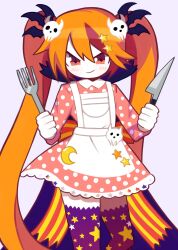 Rule 34 | 1girl, absurdres, apron, back bow, bat hair ornament, bow, brown hair, cape, carnival rhythm, colored skin, crescent, dress, fork, funamusea, hair between eyes, hair ornament, highres, holding, holding fork, holding knife, knife, lavinrac (funamusea), long hair, multicolored hair, orange eyes, orange hair, orazamige, pink dress, polka dot, polka dot dress, purple cape, purple thighhighs, red bow, skull, skull hair ornament, smile, solo, star (symbol), streaked hair, striped bow, thighhighs, twintails, two-tone hair, white apron, white background, white skin, yellow bow