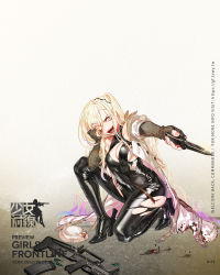Rule 34 | 1girl, a-91, a-91 (girls frontine), alcohol, ammunition, assault rifle, belt, black bodysuit, blonde hair, blood, blood splatter, blush, bodysuit, bodysuit under clothes, boots, breasts, buckle, bullpup, buttons, caseless firearm, character name, cleavage cutout, clothing cutout, collarbone, copyright name, crazy eyes, crazy smile, damaged, deep wound, double-breasted, drunk, earrings, elbow gloves, erocow, fangs, fingerless gloves, flask, full body, fur-trimmed jacket, fur hat, fur scarf, fur trim, girls&#039; frontline, gloves, glowing, glowing eye, gp-95, gradient hair, grenade launcher, gun, hair ornament, hand on own head, hand to own head, hat, high heels, highres, holding, holding knife, holding weapon, injury, jacket, jewelry, kbp instrument design bureau, knife, leather, logo, long hair, long jacket, looking at viewer, magazine (weapon), mole, mole under eye, multicolored hair, multiple-barrel firearm, no bra, official art, on one knee, open clothes, open jacket, open mouth, partial bodysuit, pink hair, pouch, puffy short sleeves, puffy sleeves, purple hair, radio, ribbed gloves, rifle, scarf, shirt, short sleeves, sideboob, sidelocks, skindentation, smile, solo, steel-toe boots, stud earrings, taut jacket, teeth, tongue, tongue out, torn bodysuit, torn clothes, trigger discipline, underbarrel grenade launcher, unworn hat, unworn headwear, ushanka, very long hair, vodka, walkie-talkie, weapon, white jacket, yellow eyes