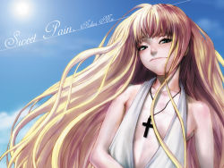 Rule 34 | 00s, 1girl, bare shoulders, blonde hair, cloud, collarbone, cross, cross necklace, day, dress, evangeline a.k. mcdowell, flat chest, green eyes, jewelry, latin cross, long hair, looking at viewer, mahou sensei negima!, necklace, nekoi mie, outdoors, sky, solo, vampire