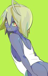 Rule 34 | 1girl, ahoge, ass, bad id, bad pixiv id, bare arms, bare shoulders, blonde hair, blue skin, breasts, colored sclera, colored skin, from behind, green background, green sclera, grin, kibadori rue, leaning forward, looking at viewer, looking back, naked shirt, orange eyes, original, parted lips, shirt, short hair, sideboob, simple background, sleeveless, sleeveless shirt, small breasts, smile, solo, white shirt