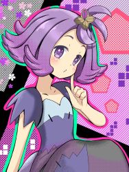 1girl acerola_(pokemon) creatures_(company) dress emapippi flipped_hair flower game_freak hair_ornament hand_on_own_cheek hand_on_own_face highres multicolored_clothes multicolored_dress nintendo pokemon pokemon_sm purple_eyes purple_hair solo stitches topknot torn_clothes torn_dress